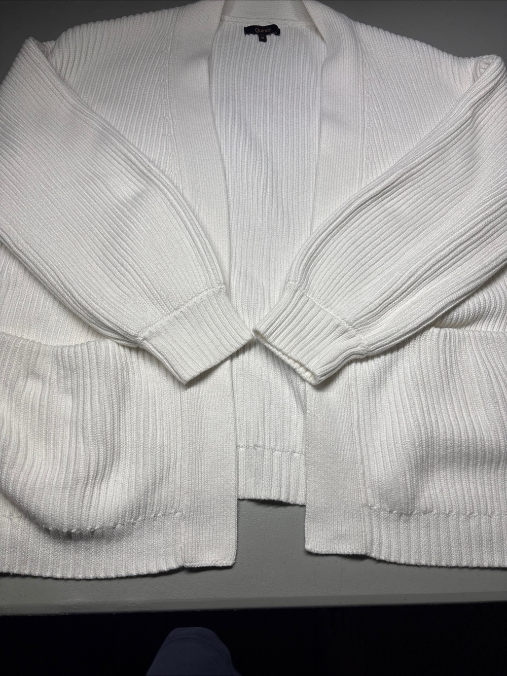 Quince 100% Organic Cotton Oversized Cardigan Ivory M Open Front Rib Knit Pocket